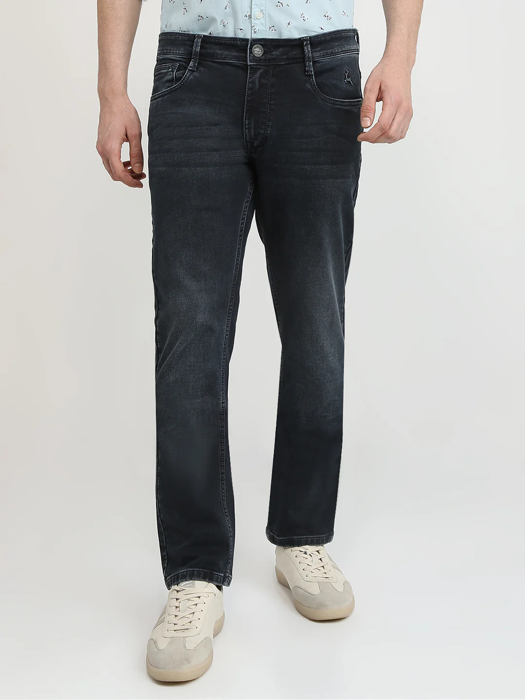 Parx Men Blue Knitted Low Rise Tapered Fit Cotton Blend Jeans