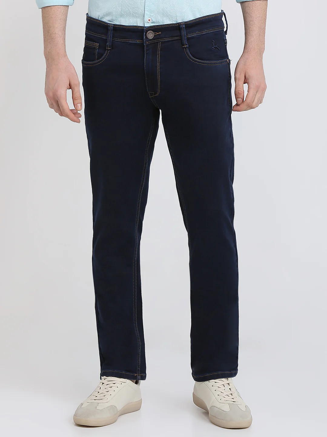 Parx Men Blue Knitted Low Rise Tapered Fit Cotton Blend Jeans