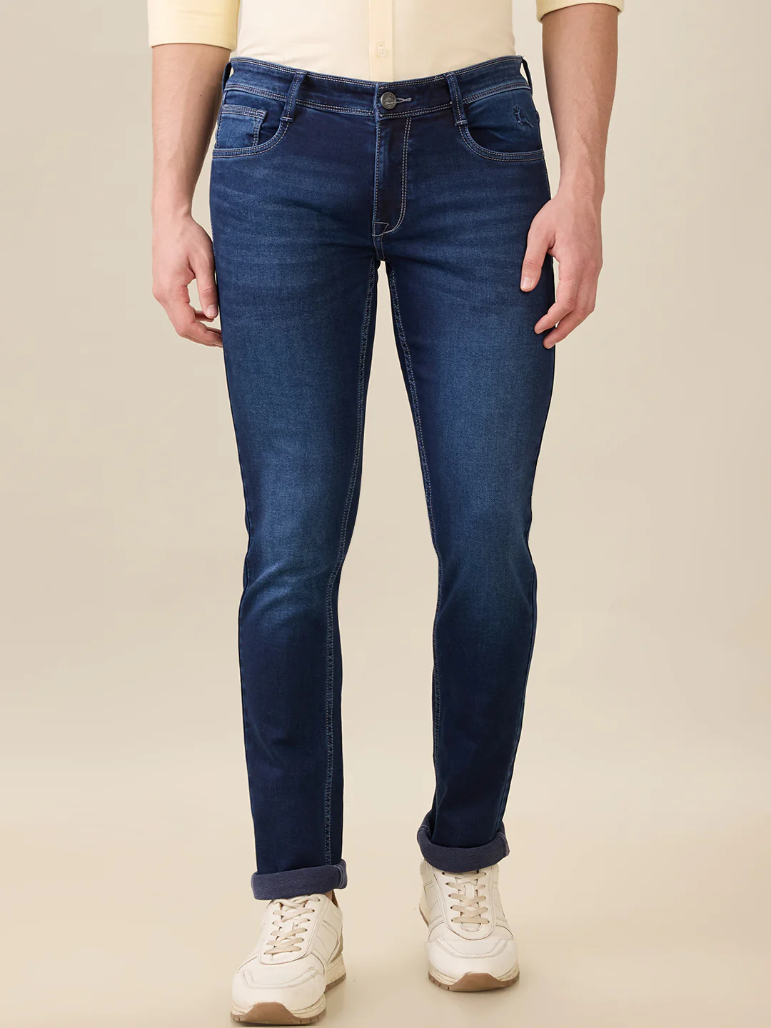 Parx Men Blue Knitted Low Rise Tapered Fit Cotton Blend Jeans
