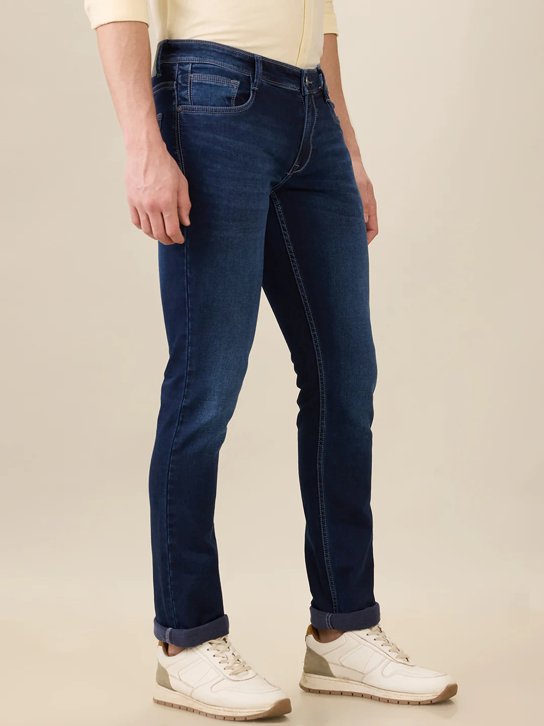Parx Men Blue Knitted Low Rise Tapered Fit Cotton Blend Jeans - Image 2