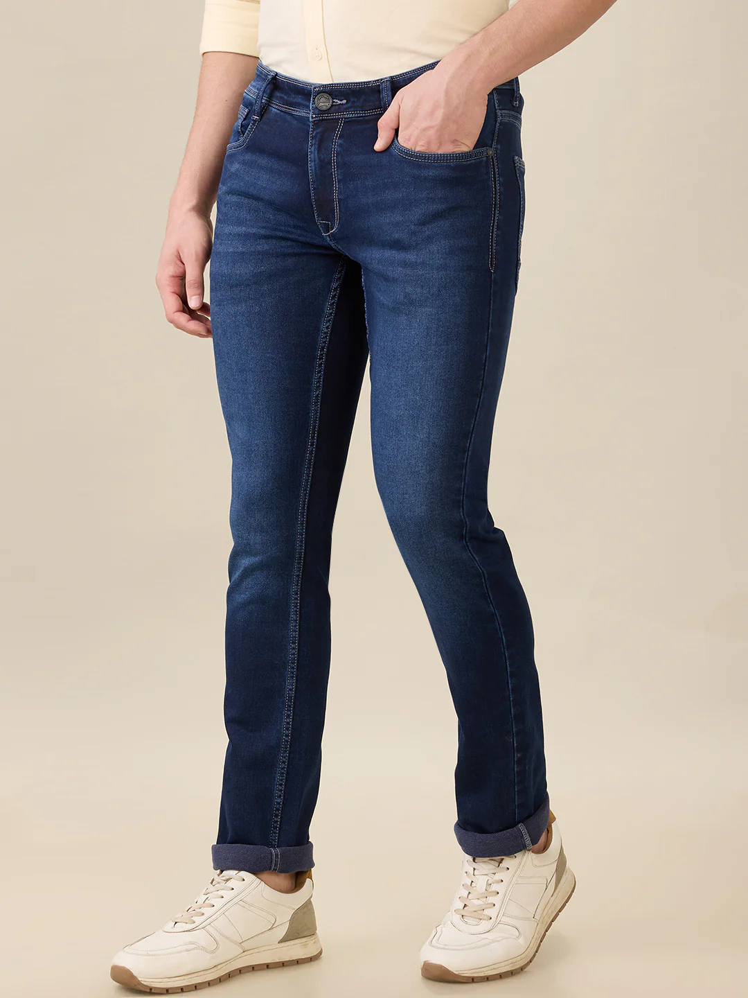 Parx Men Blue Knitted Low Rise Tapered Fit Cotton Blend Jeans - Image 3