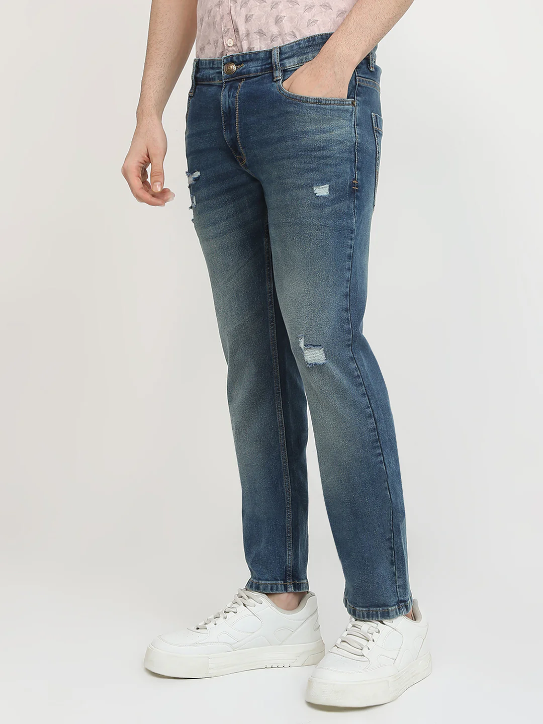 Parx Men Blue Knitted Low Rise Tapered Fit Cotton Blend Jeans - Image 2