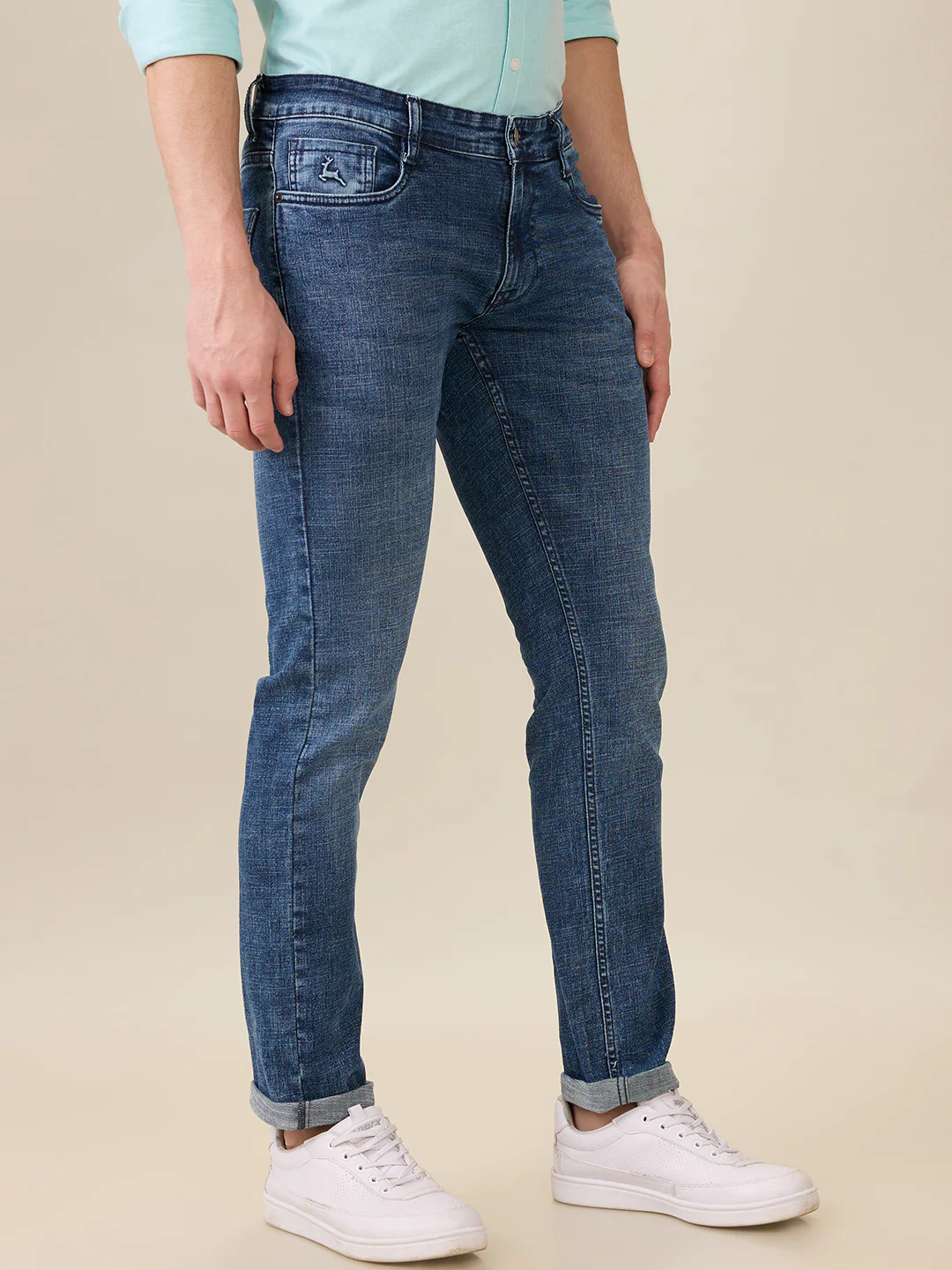 Parx Men Blue Knitted Low Rise Tapered Fit Cotton Blend Jeans - Image 2