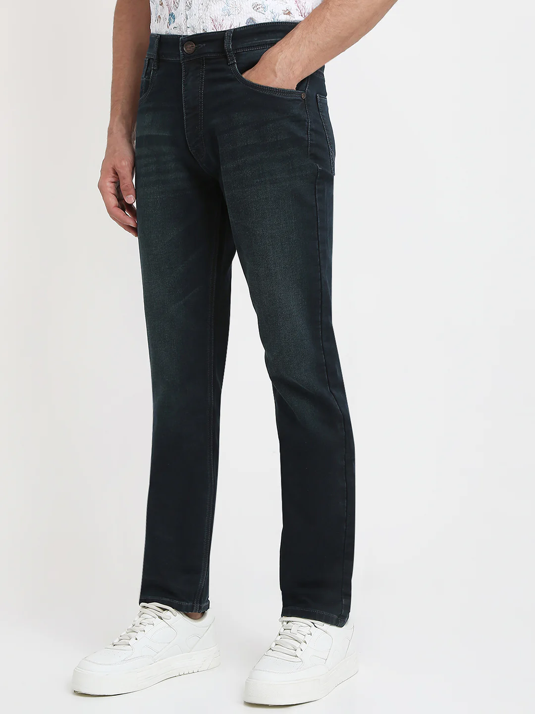 Parx Men Blue Knitted Mid Rise Straight Cotton Blend Jeans - Image 2