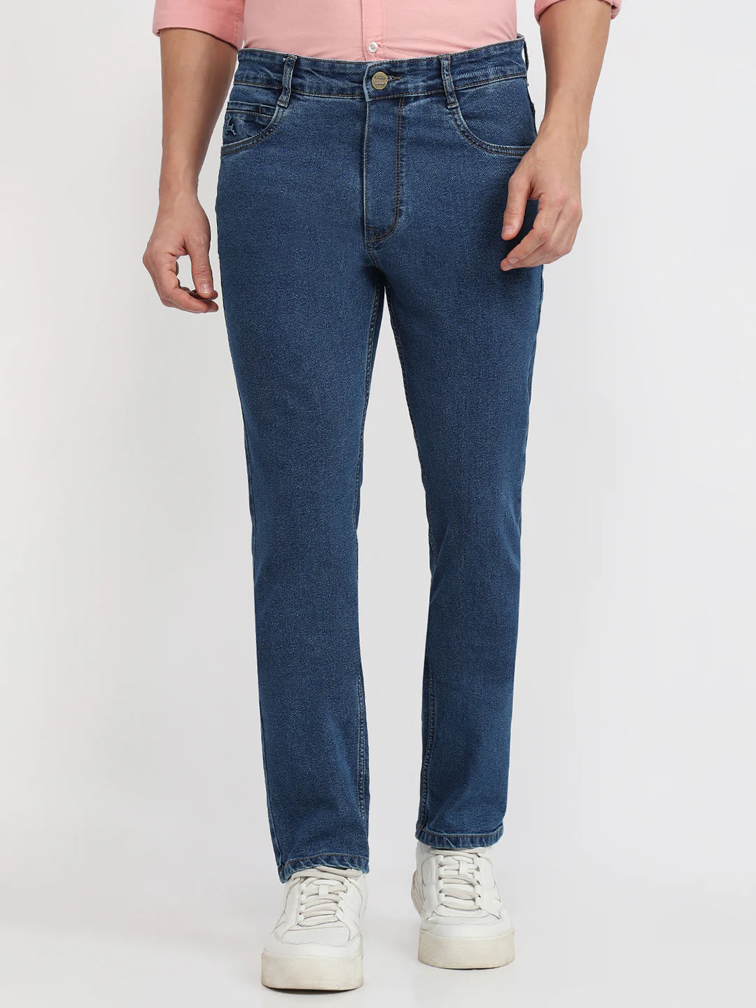 Parx Men Blue Knitted Mid Rise Straight Fit Cotton Blend Jeans