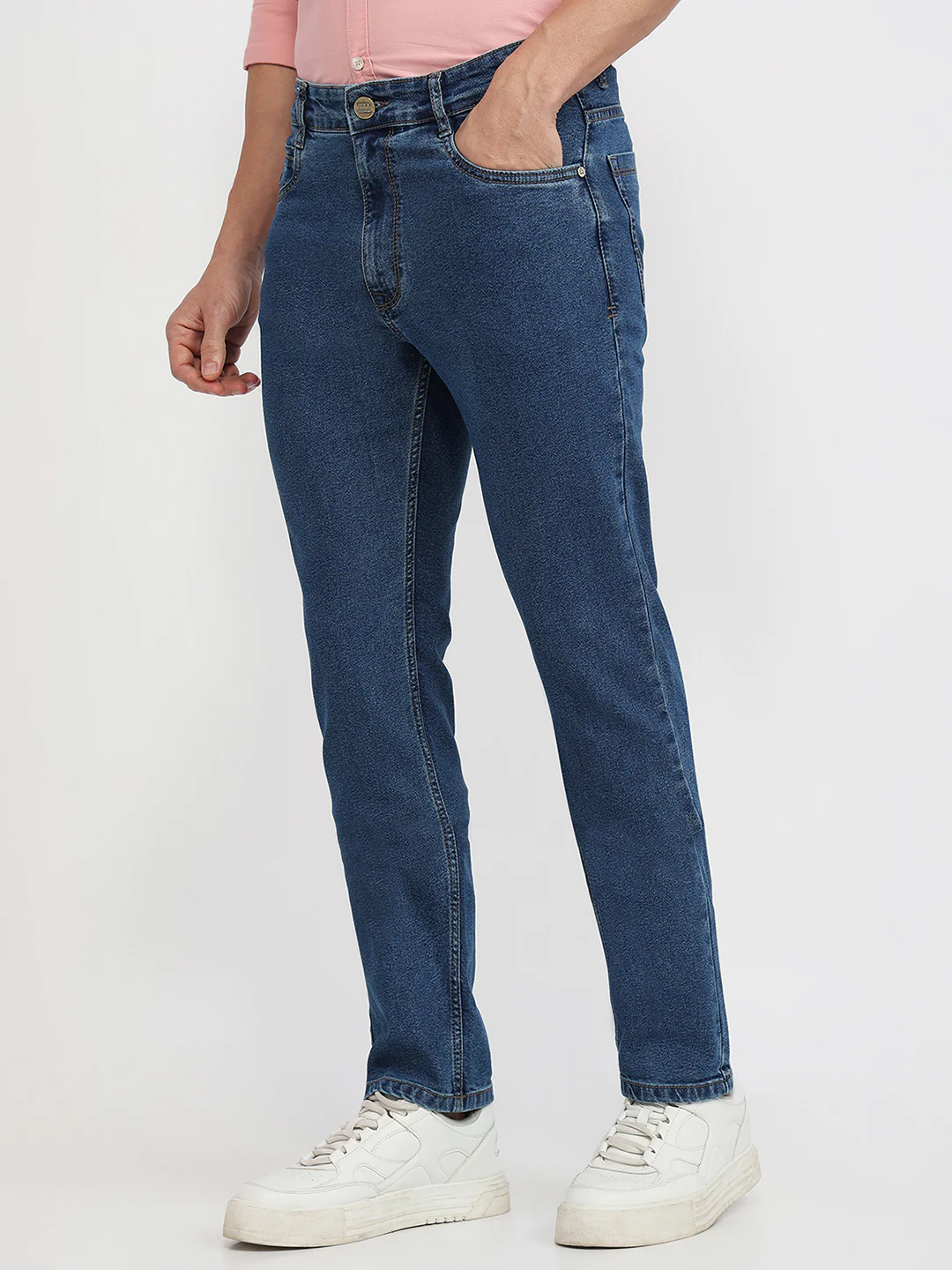 Parx Men Blue Knitted Mid Rise Straight Fit Cotton Blend Jeans - Image 2