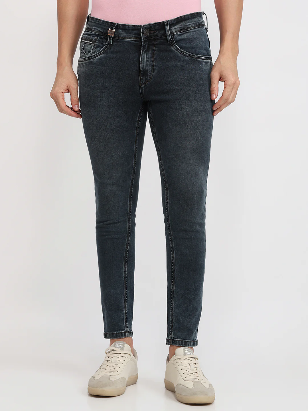 Parx Men Blue Knitted Slim Tapered Fit Cotton Blend Jeans