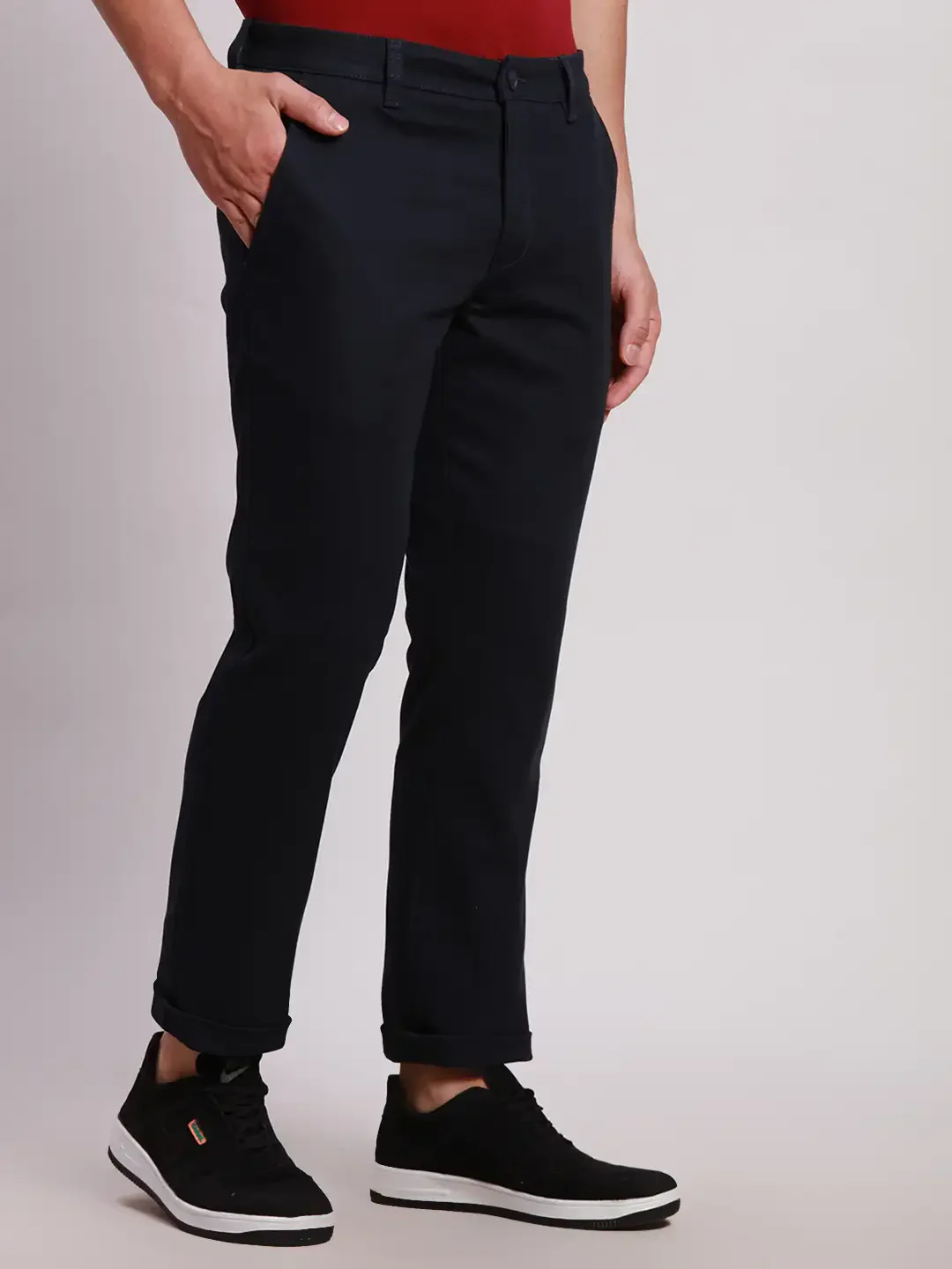 Parx Men Blue Low Rise Tapered Fit Solid Cotton Blend Trousers - Image 2
