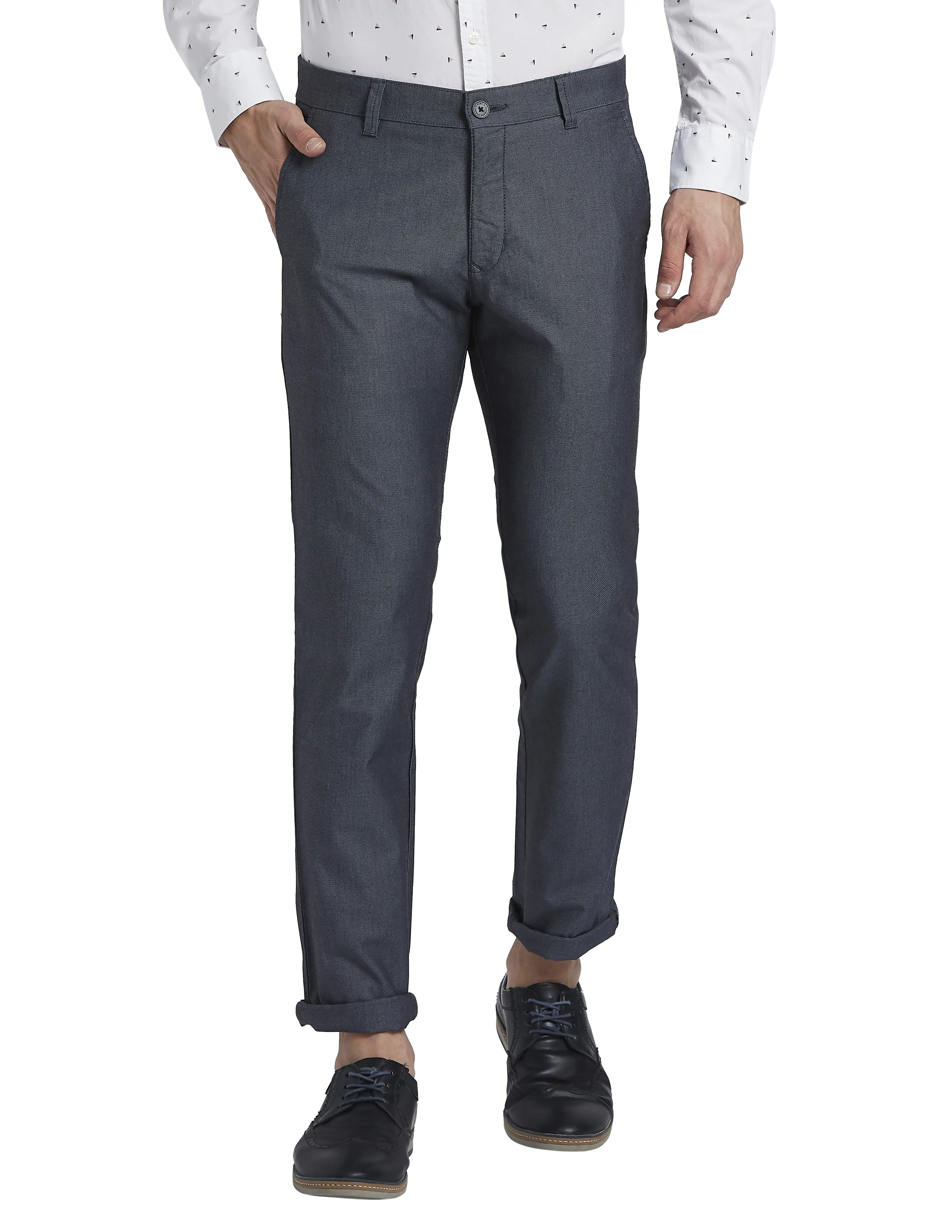 Parx Men Blue Low Rise Tapered Fit Yarn Dyed Cotton Blend Trousers
