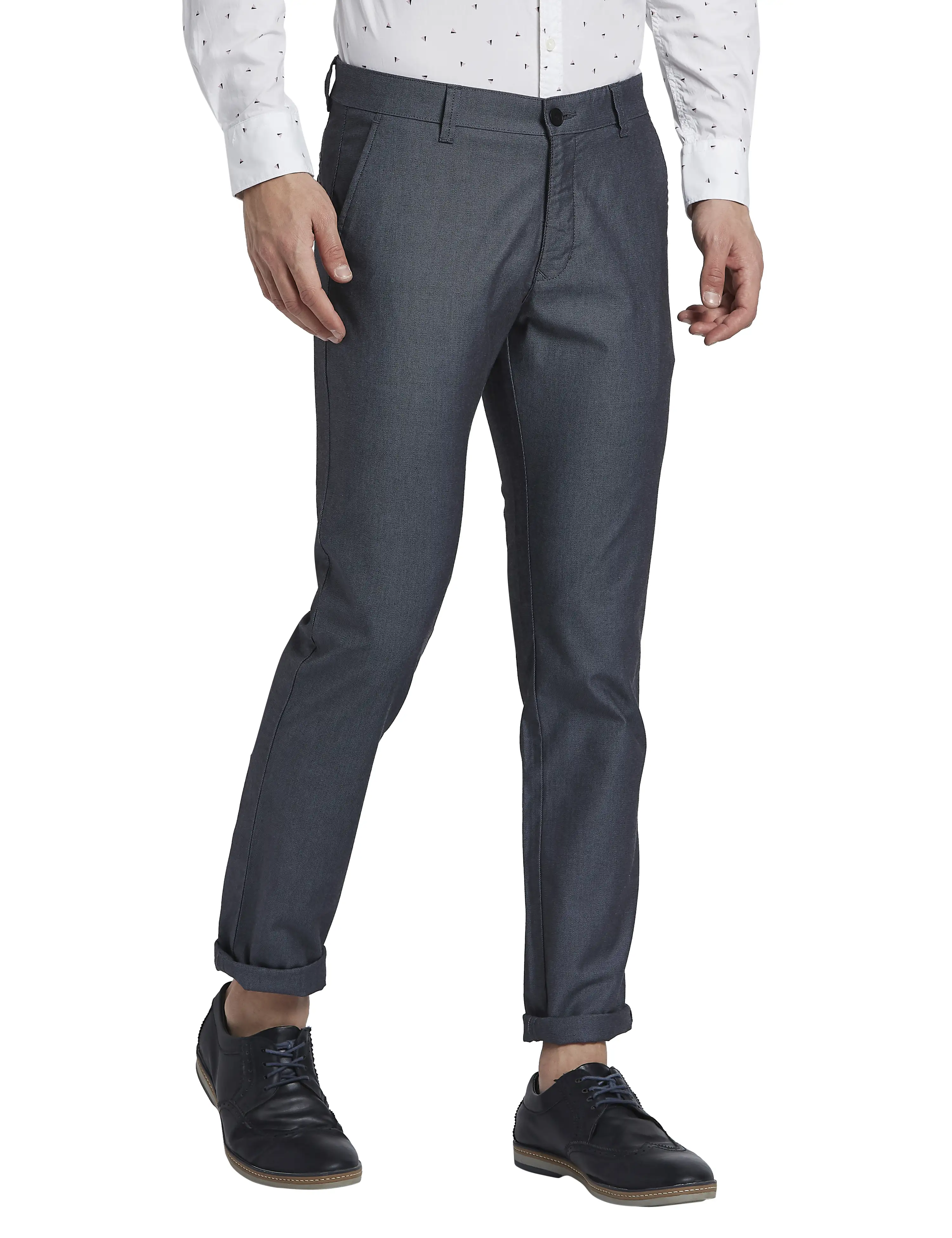 Parx Men Blue Low Rise Tapered Fit Yarn Dyed Cotton Blend Trousers - Image 2