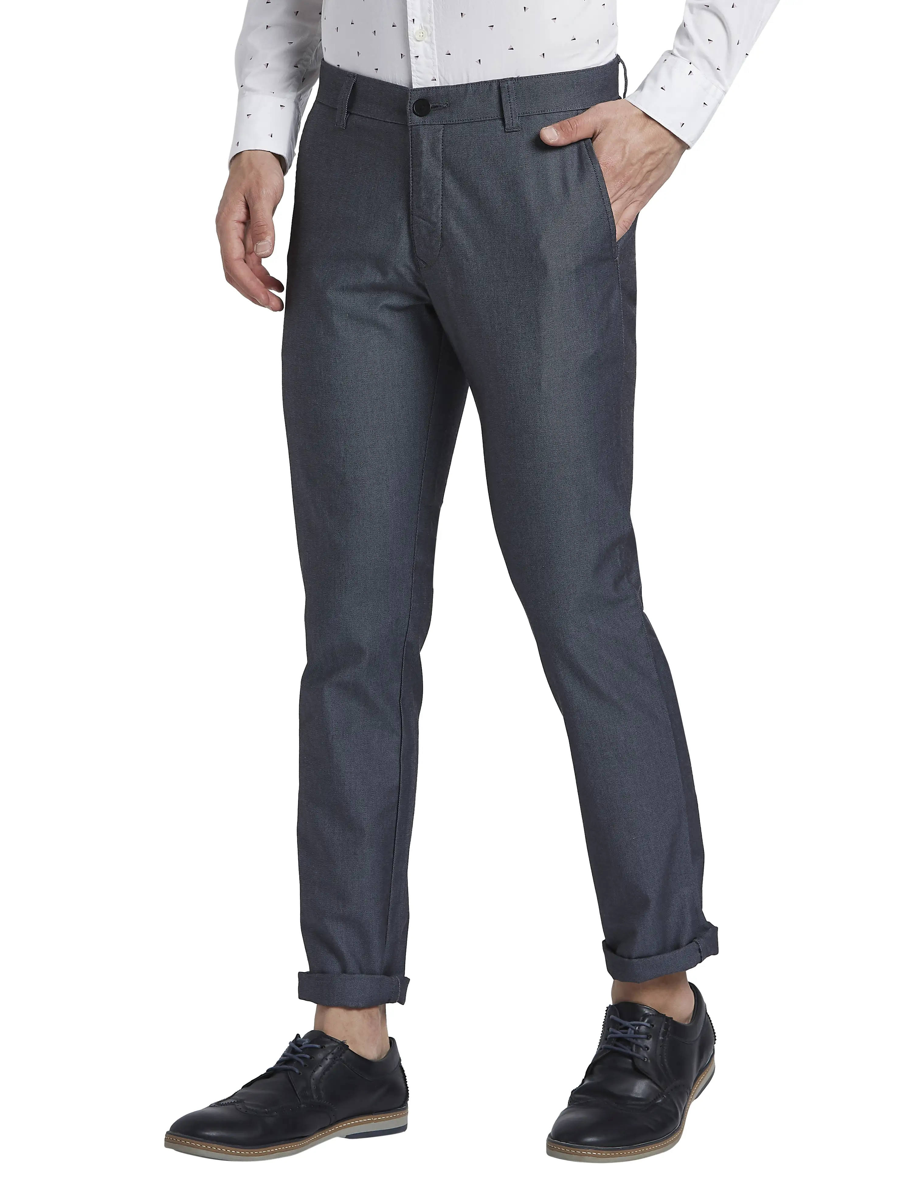 Parx Men Blue Low Rise Tapered Fit Yarn Dyed Cotton Blend Trousers - Image 3