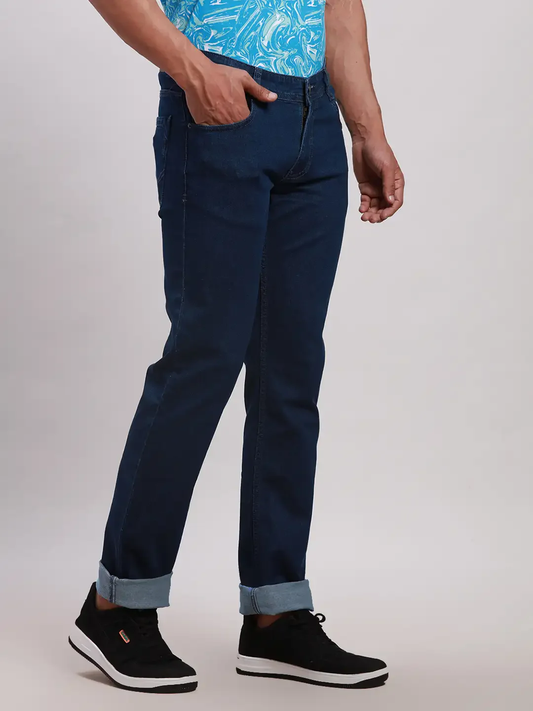 Parx Men Blue Plain Slim Tapered Fit Cotton Blend Jeans - Image 2