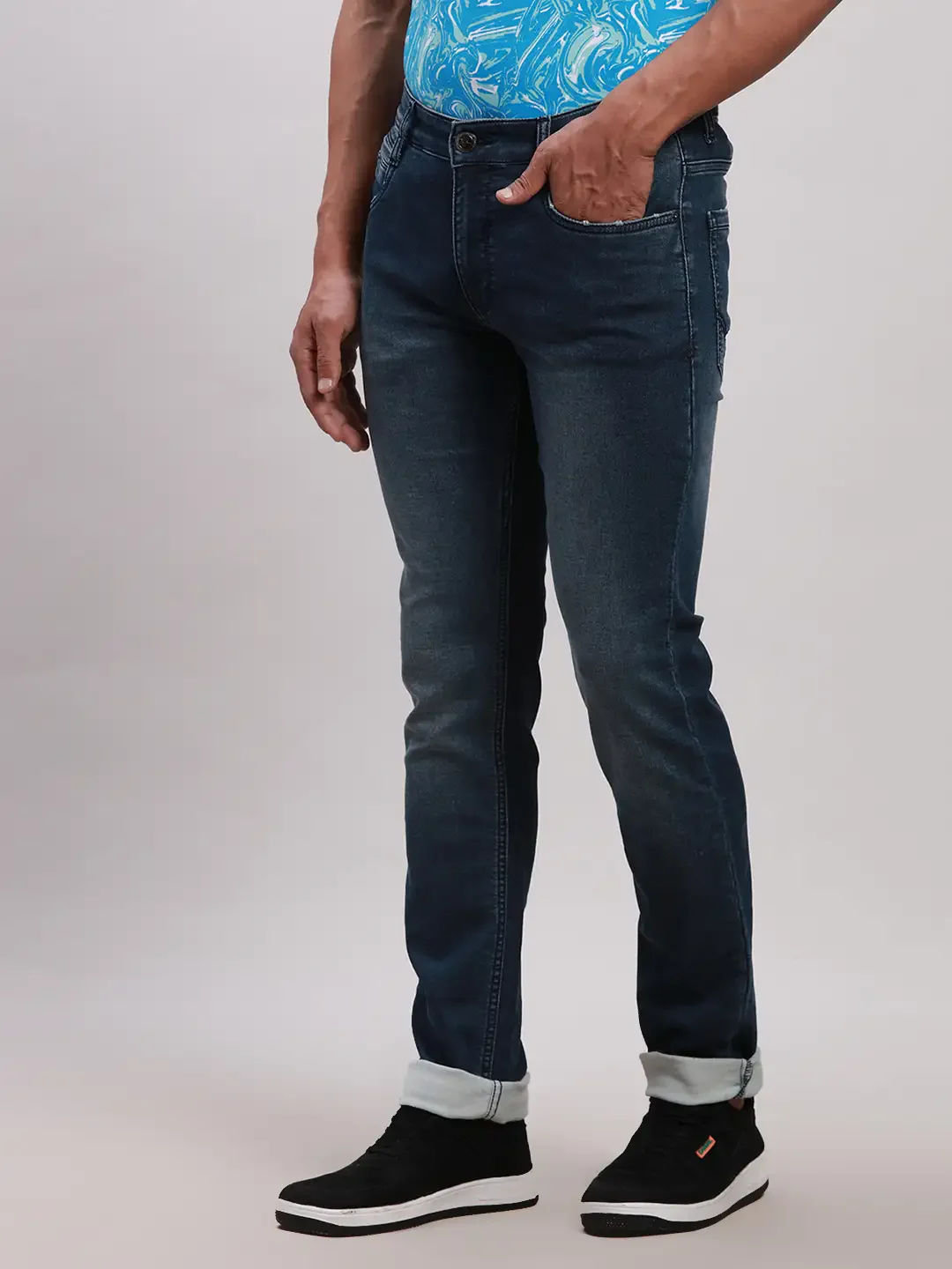 Parx Men Blue Plain Slim Tapered Fit Cotton Blend Jeans - Image 3