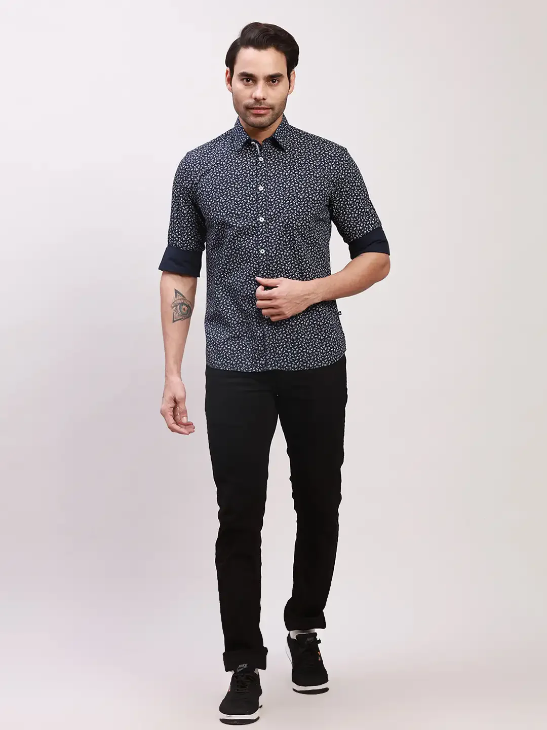 Parx Men Blue Print Slim Fit Cotton Blend Full Sleeve Shirts - Image 5