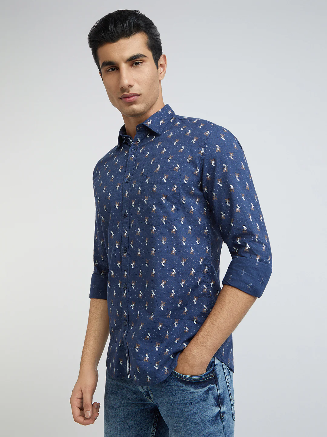 Parx Men Blue Print Slim Fit Cotton Full Sleeve Shirts - Image 3