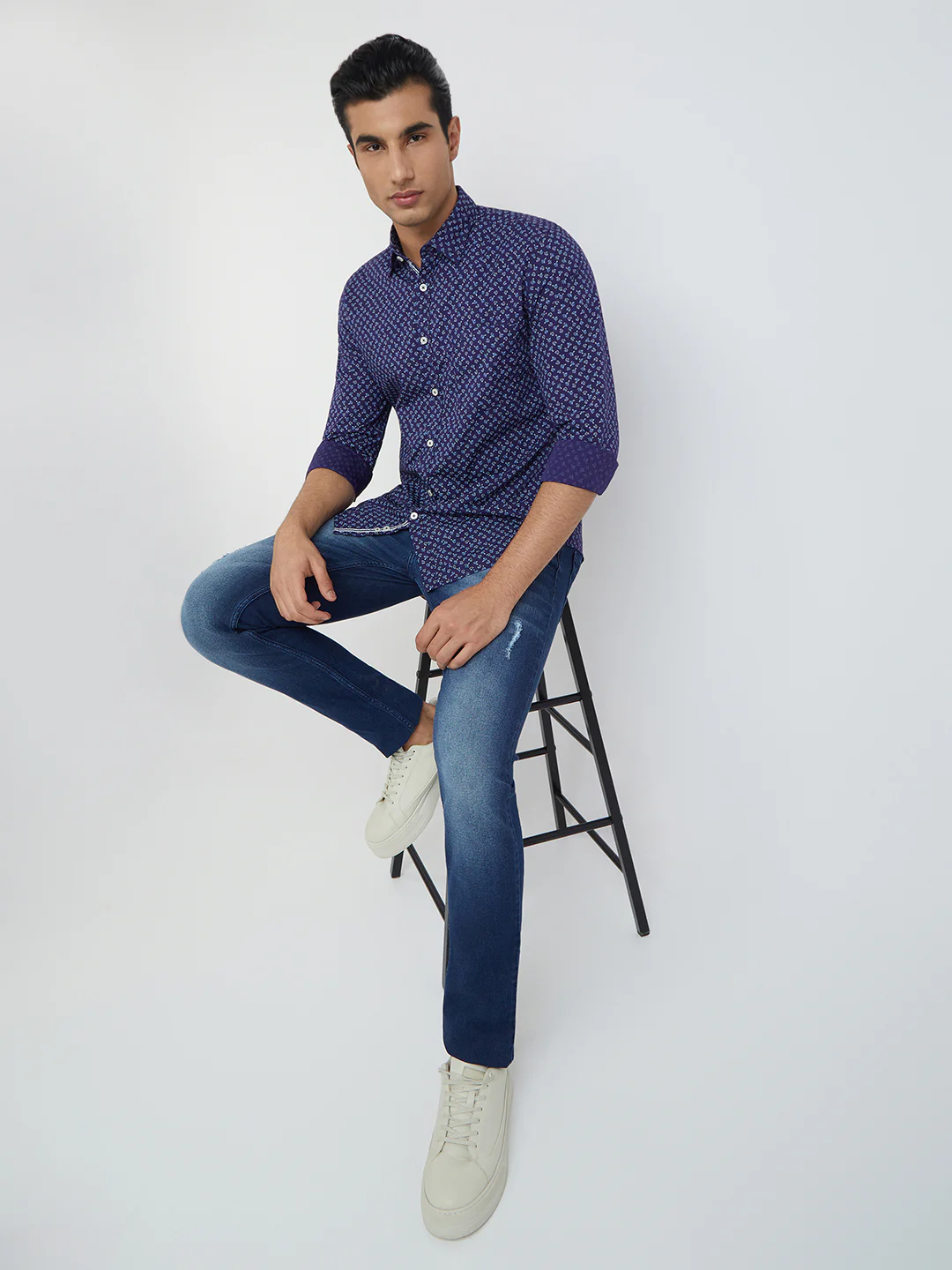 Parx Men Blue Print Slim Fit Cotton Full Sleeve Shirts - Image 2