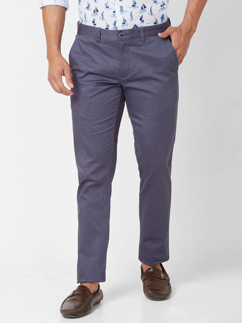 Parx Men Blue Printed Low Rise Tprd Fit Cotton Blend Trouser