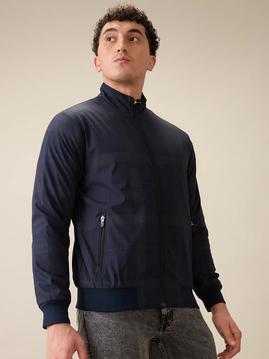 Parx Men Blue Printed Polyester Full Sleeve High Neck Collar Jacket - Image 2