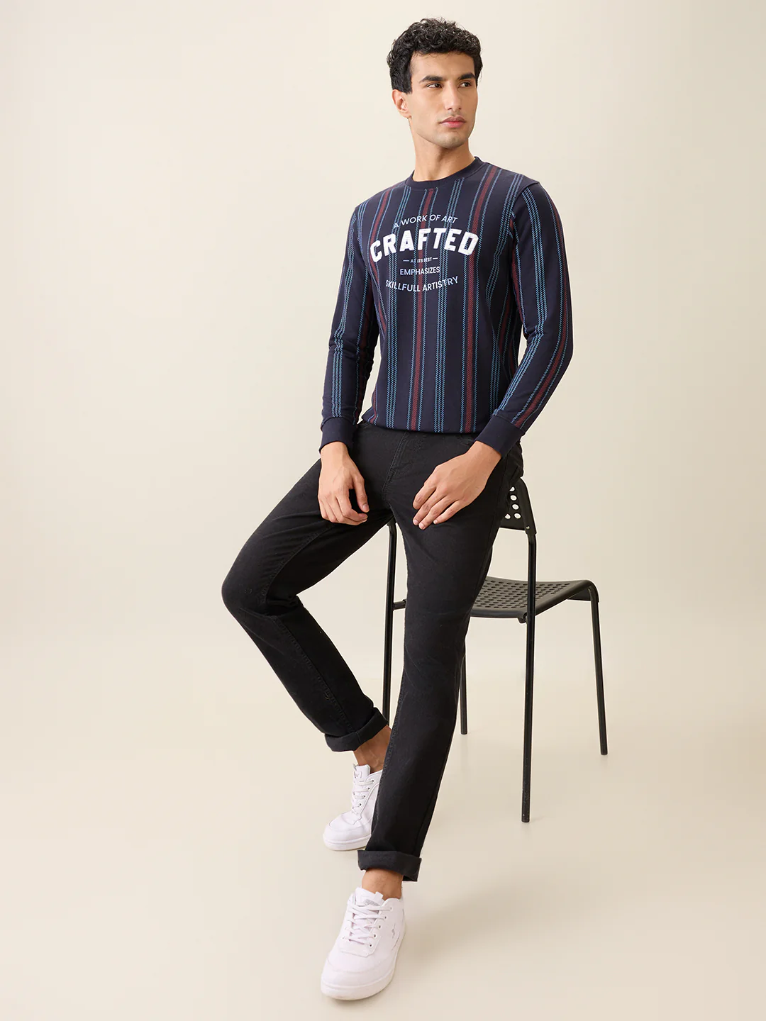 Parx Men Blue Printed Regular Fit Cotton Blend Full Sleeve Round Neck Collar Sweatshirt - Image 6