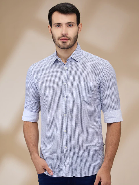 Parx Men Blue Printed Slim Fit Bamboo Blend Shirt
