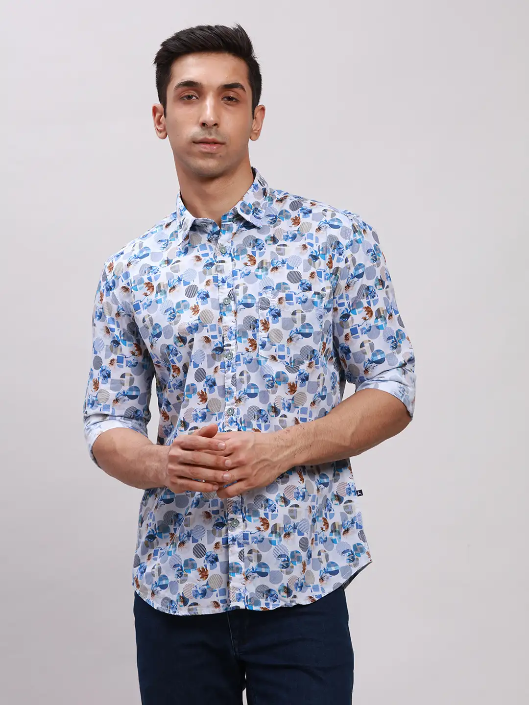 Parx Men Blue Printed Slim Fit Cotton Blend Full Sleeve Cut Away Collar Shirt