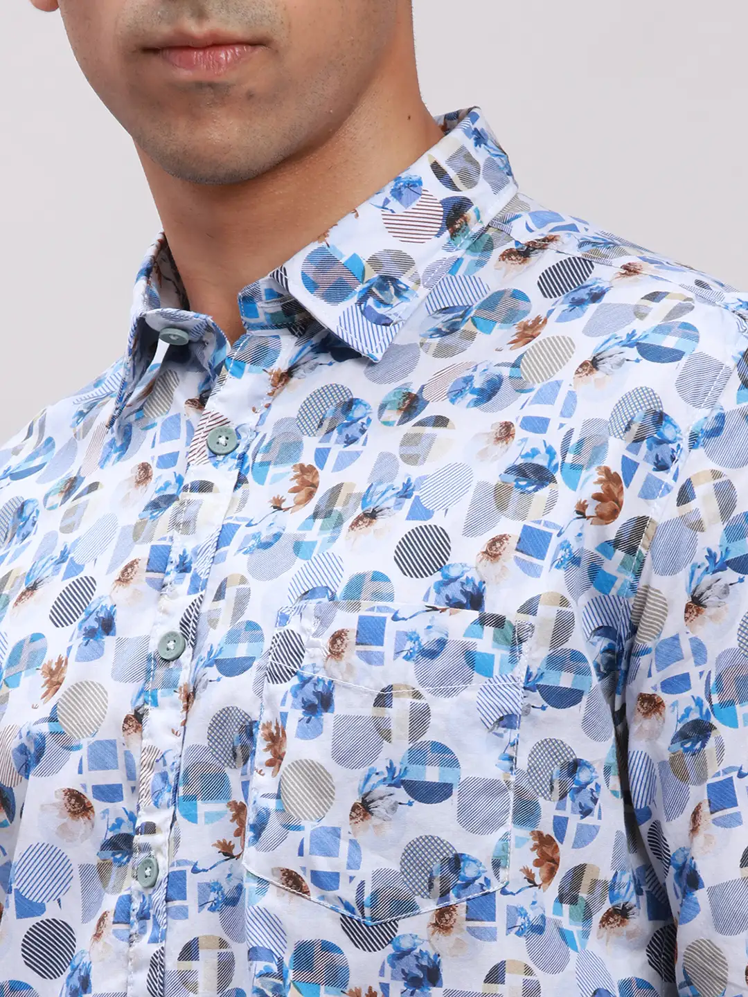 Parx Men Blue Printed Slim Fit Cotton Blend Full Sleeve Cut Away Collar Shirt - Image 6