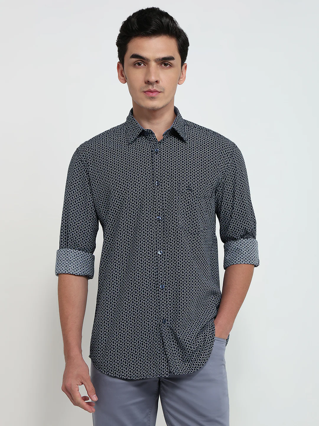 Parx Men Blue Printed Slim Fit Cotton Casual Shirt