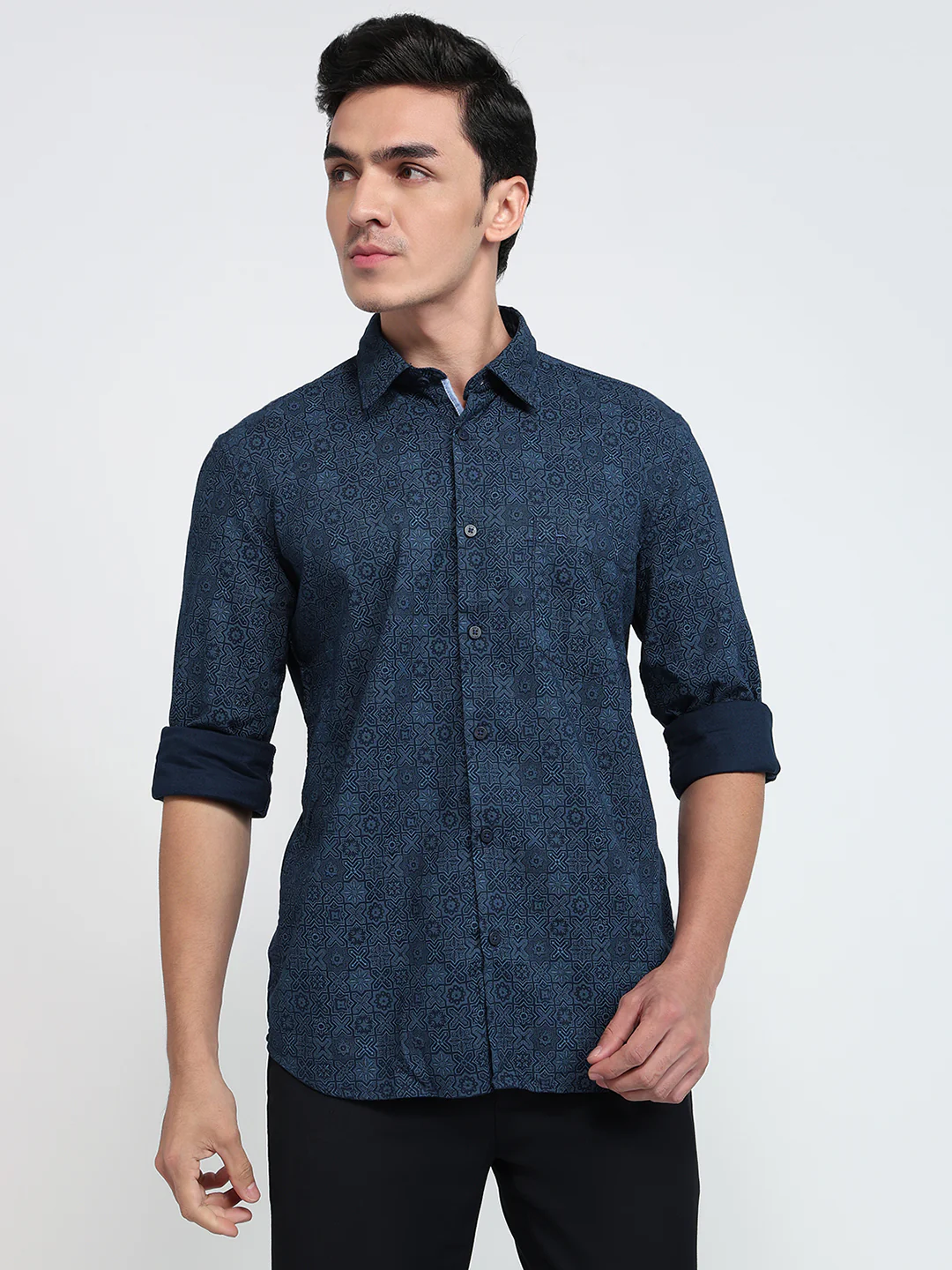 Parx Men Blue Printed Slim Fit Cotton Casual Shirt