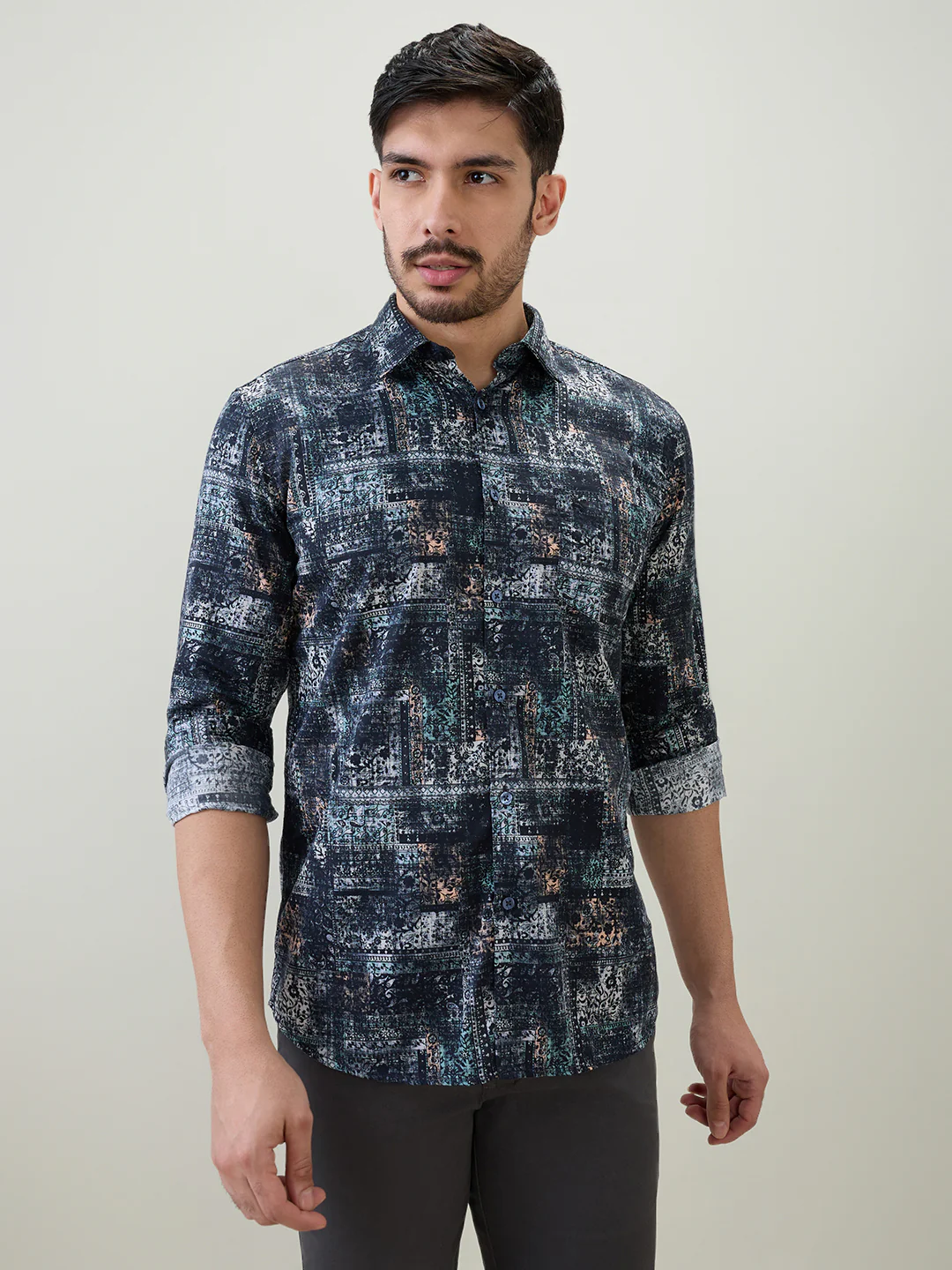 Parx Men Blue Printed Slim Fit Cotton Casual Shirt