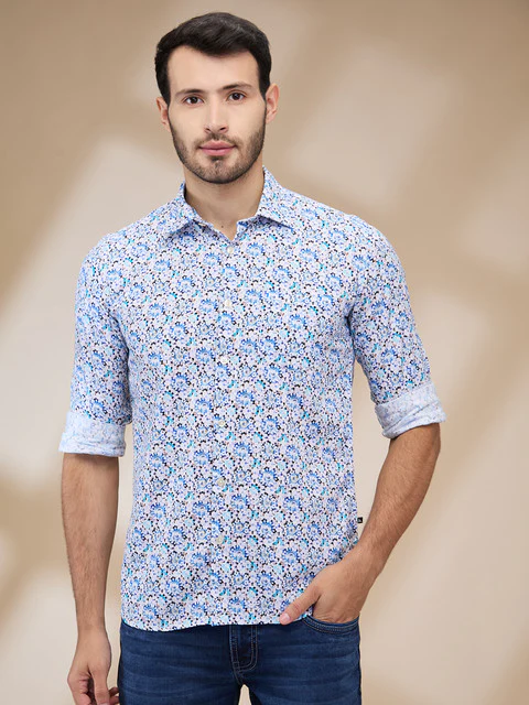 Parx Men Blue Printed Slim Fit Cotton Casual Shirts