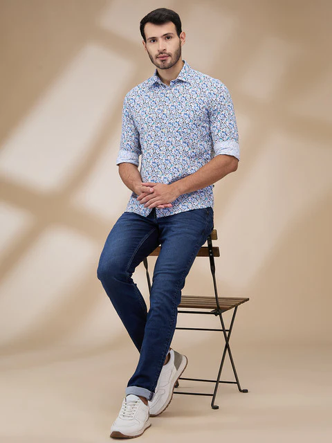 Parx Men Blue Printed Slim Fit Cotton Casual Shirts - Image 2