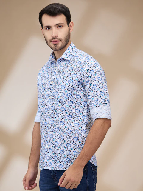 Parx Men Blue Printed Slim Fit Cotton Casual Shirts - Image 3