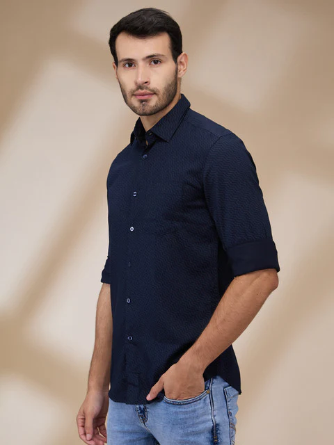 Parx Men Blue Printed Slim Fit Cotton Casual Shirts - Image 3