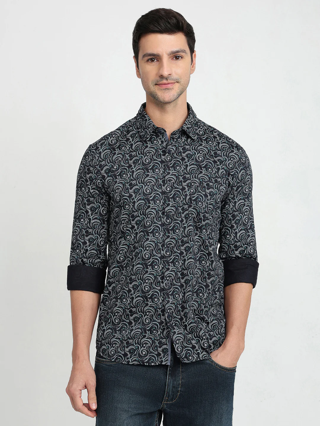 Parx Men Blue Printed Slim Fit Cotton Full Sleeve Casual Shirt