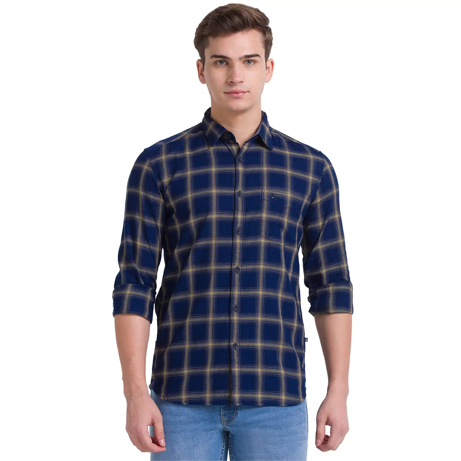 Parx Men Blue Printed Slim Fit Cotton Full Sleeve Cut Away Collar Shirt