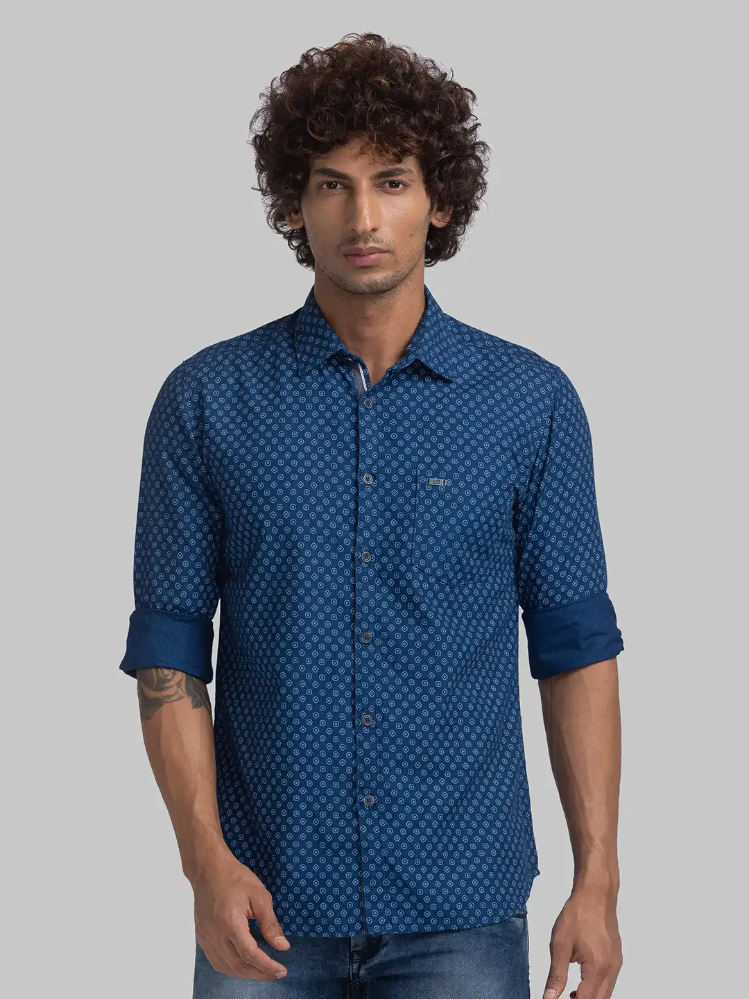 Parx Men Blue Printed Slim Fit Cotton Shirt