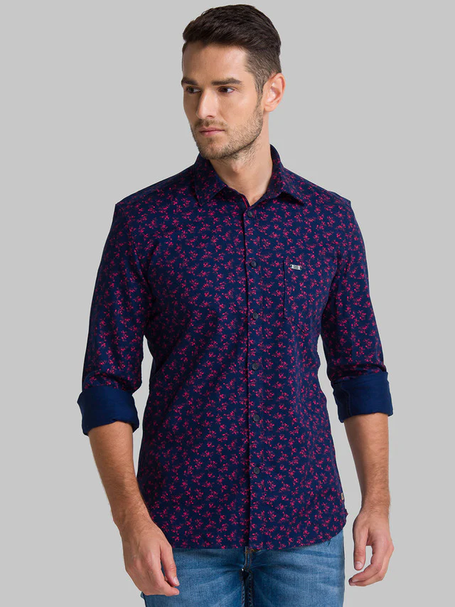 Parx Men Blue Printed Slim Fit Full Sleeve Semi Cut Away Collar Shirt