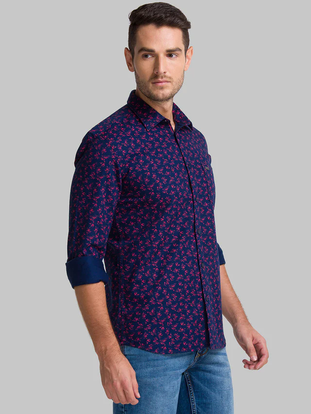Parx Men Blue Printed Slim Fit Full Sleeve Semi Cut Away Collar Shirt - Image 2