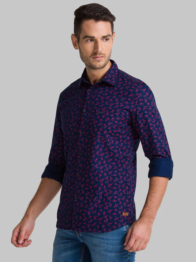 Parx Men Blue Printed Slim Fit Full Sleeve Semi Cut Away Collar Shirt - Image 3