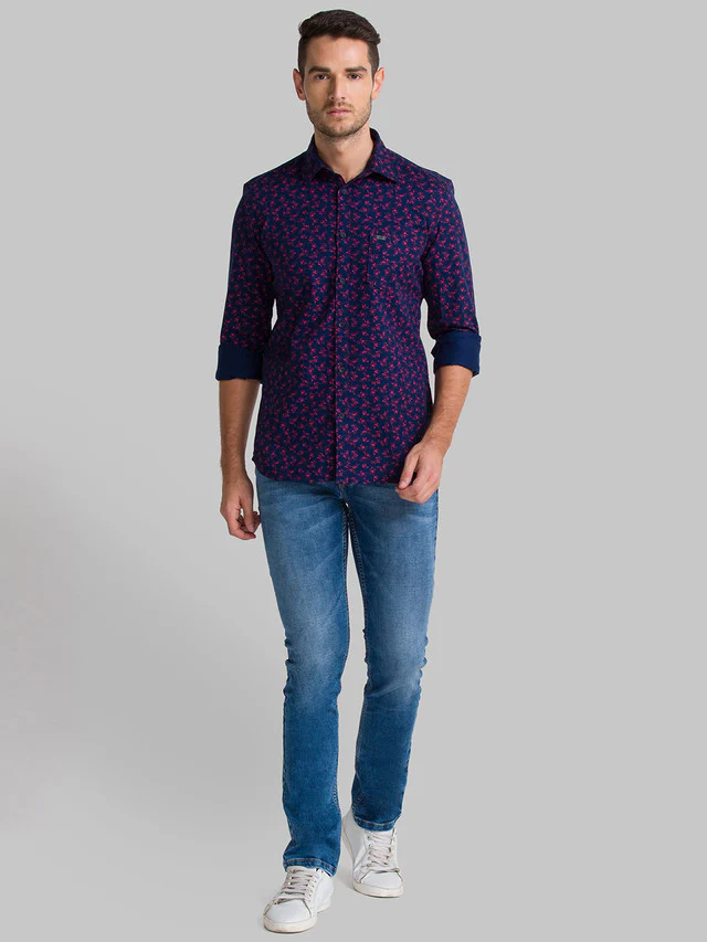Parx Men Blue Printed Slim Fit Full Sleeve Semi Cut Away Collar Shirt - Image 5