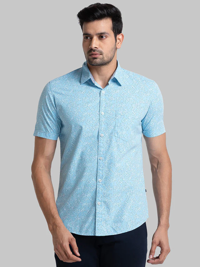 Parx Men Blue Printed Slim Fit Half Sleeve Semi Cut Away Collar Shirt