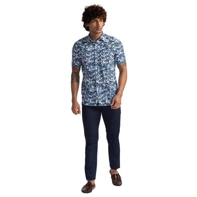 Parx Blue Printed Tapered Fit Trouser - Image 5