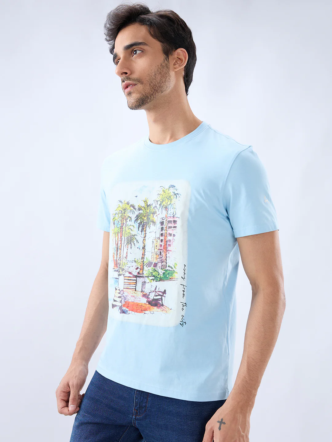Parx Men Blue Regular Fit Graphic Round Neck Collar T-shirt - Image 3