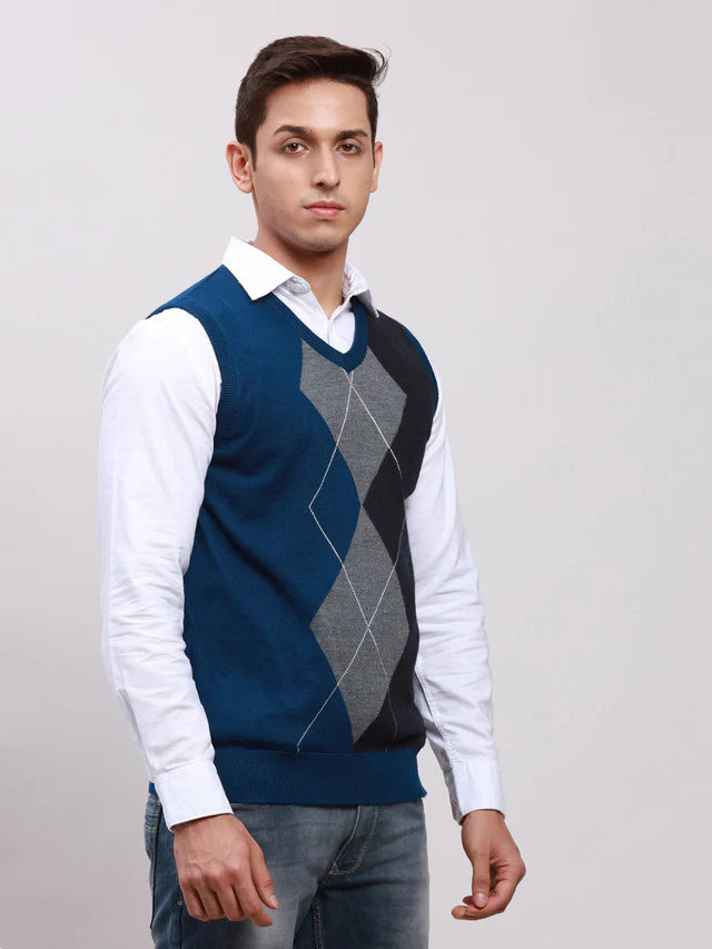 Parx Men Blue Self Design Regular Fit Sleeveless V Neck Sweater - Image 2