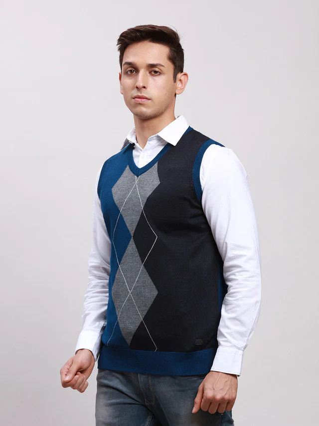 Parx Men Blue Self Design Regular Fit Sleeveless V Neck Sweater - Image 3