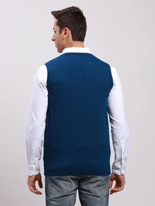 Parx Men Blue Self Design Regular Fit Sleeveless V Neck Sweater - Image 4