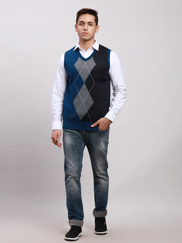 Parx Men Blue Self Design Regular Fit Sleeveless V Neck Sweater - Image 5