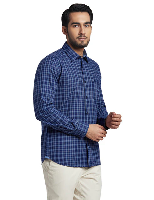 Parx Men Blue Slim Fit Checks Full Sleeve Cutaway Collar Shirt - Image 2