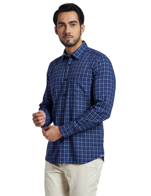 Parx Men Blue Slim Fit Checks Full Sleeve Cutaway Collar Shirt - Image 3