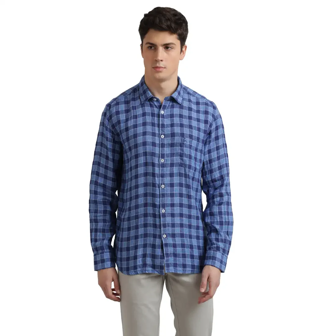Parx Men Blue Slim Fit Checks Linen Full Sleeve Cutaway Collar Shirts